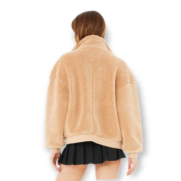 ALO Camel Faux Sherpa Snap Zip Closure Drop Shoulder Relaxed Fit Varsity Jacket - Picture 12 of 15